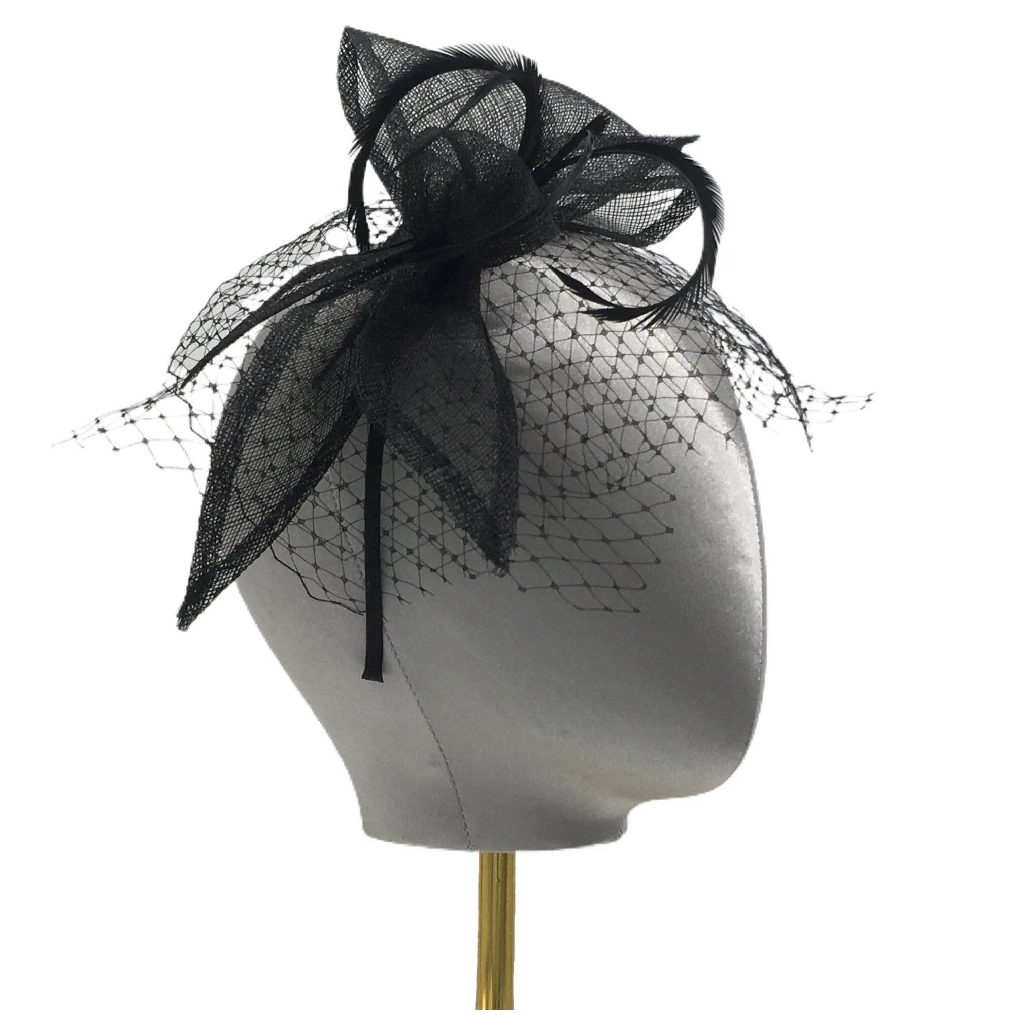 Bow Fascinator Hat w/ Veil & Feathers Elegant Party Headwear
