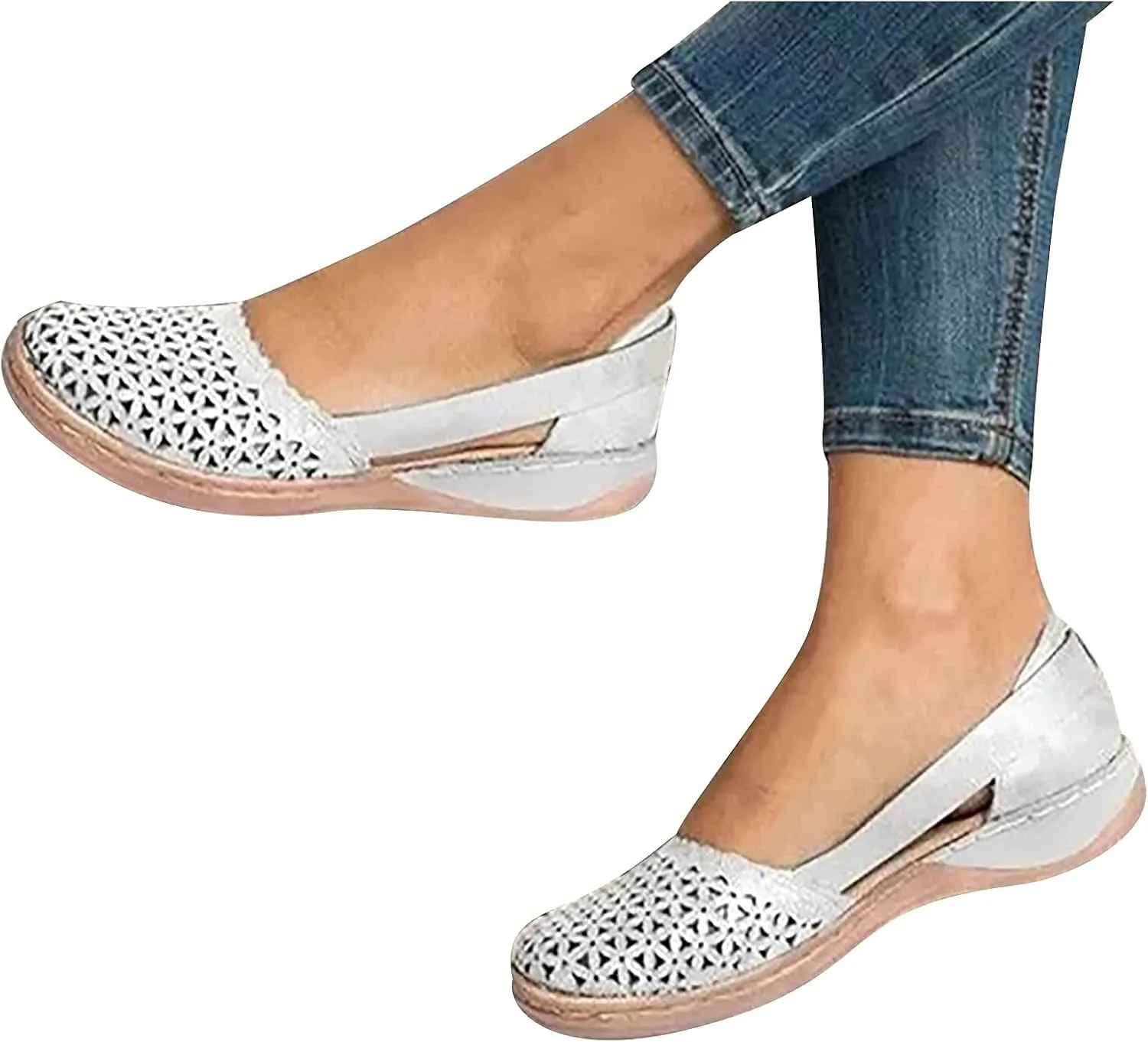 Closed Toe Sandals Women Hollow Out Shoes Orthotic Wedge Flats Sandals Round Toe Casual Slip On Comfort Eyelets Shoes