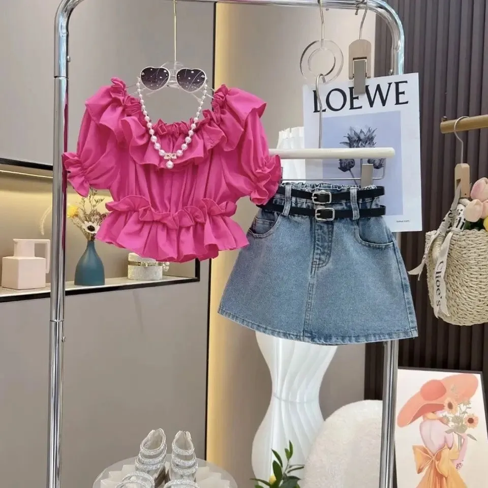 Girls Pink Ruffled Top And Denim Skirt With 2 Belts