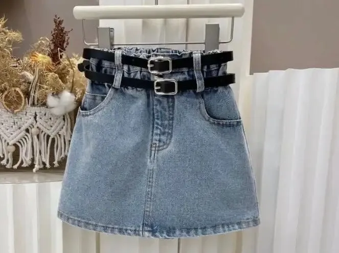 Girls Pink Ruffled Top And Denim Skirt With 2 Belts