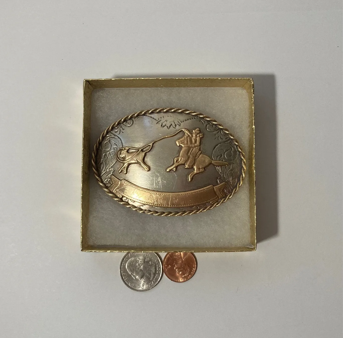 Vintage Metal Belt Buckle, German Silver and Brass, Nice Cow Roping Design, Rodeo, Cowboy, Nice Western Design, 3 1/4" x 2 1/4", Heavy Duty