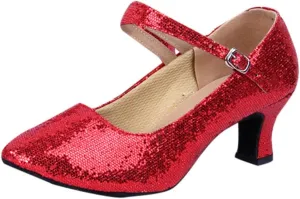 Women's Glitter Latin Ballroom Dance Shoes Pointed Toe Adjustable Strap Dancing Heels Party Dress Pumps Closed Toe
