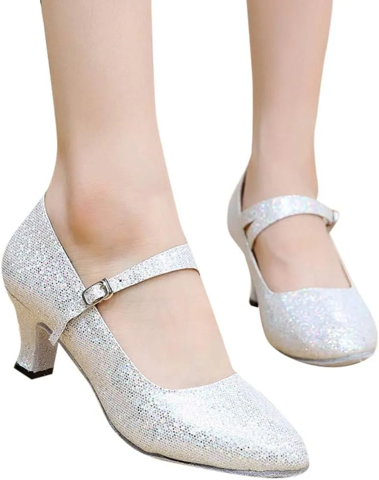 Women's Glitter Latin Ballroom Dance Shoes Pointed Toe Adjustable Strap Dancing Heels Party Dress Pumps Closed Toe