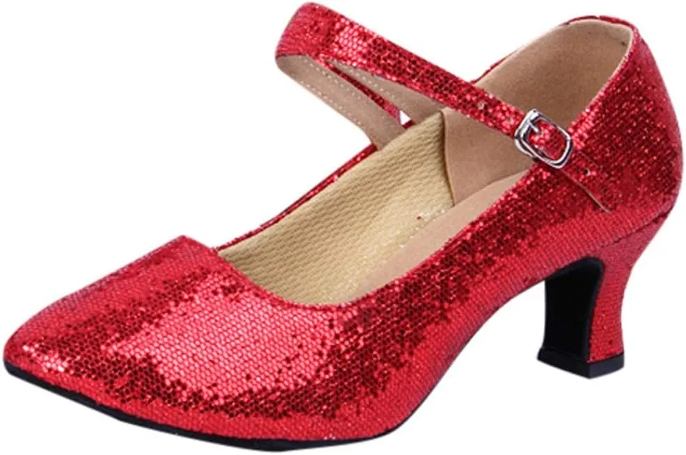 Women's Glitter Latin Ballroom Dance Shoes Pointed Toe Adjustable Strap Dancing Heels Party Dress Pumps Closed Toe
