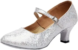 Women's Glitter Latin Ballroom Dance Shoes Pointed Toe Adjustable Strap Dancing Heels Party Dress Pumps Closed Toe
