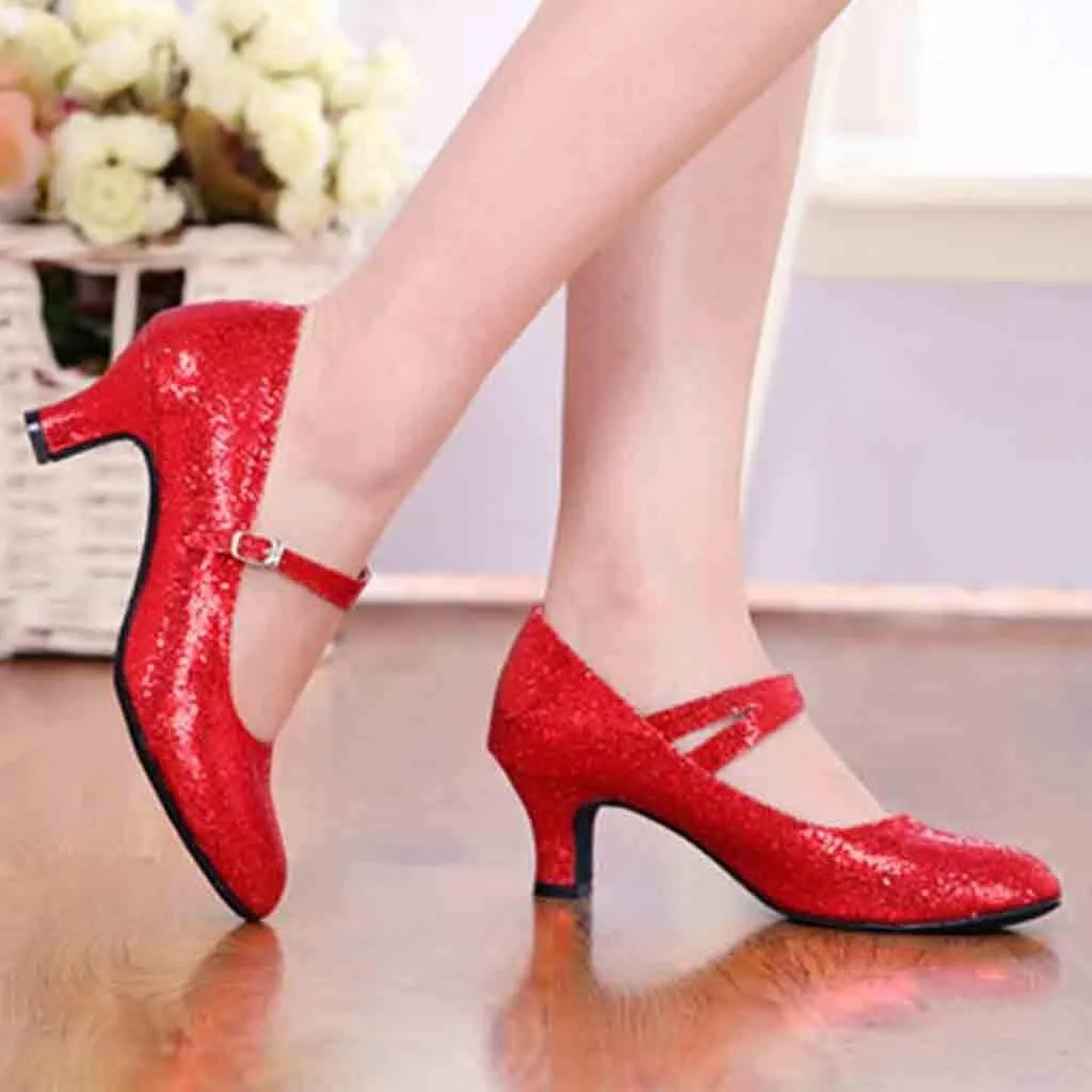 Women's Glitter Latin Ballroom Dance Shoes Pointed Toe Adjustable Strap Dancing Heels Party Dress Pumps Closed Toe