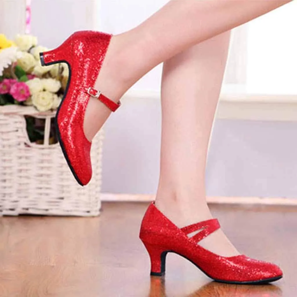 Women's Glitter Latin Ballroom Dance Shoes Pointed Toe Adjustable Strap Dancing Heels Party Dress Pumps Closed Toe