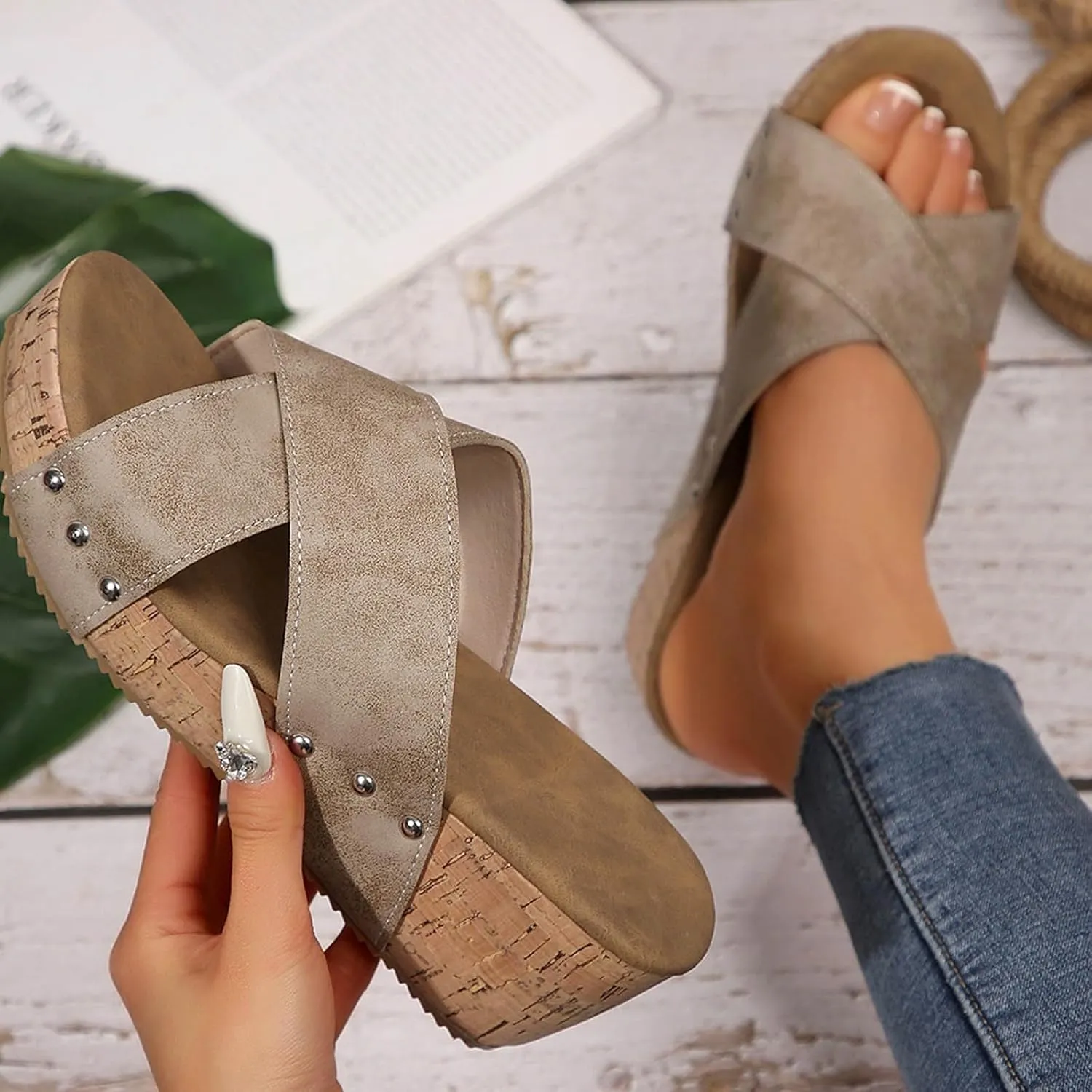 Women's Sandals Summer Beach Wedge Sandals Comfortable Platform Sandals Open Toe Buckle Ankle Strap Cork Shoes